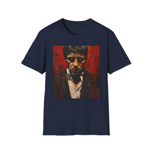 Scarface painting t-shirt in charcoal, available in size small.