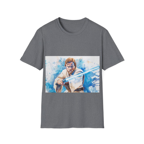 Blue lightsaber tee featuring Obi Wan Kenobi, charcoal cotton crew neck.
