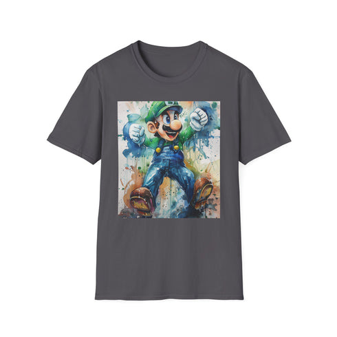 Charcoal Luigi ghost-hunting t-shirt with cotton crew neck and Poltergust design