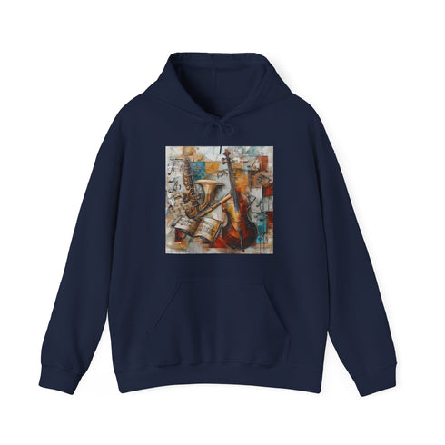Soulful Sounds navy hoodie with musical notes and nature imagery pattern.