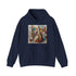 Soulful Sounds navy hoodie with musical notes and nature imagery pattern.