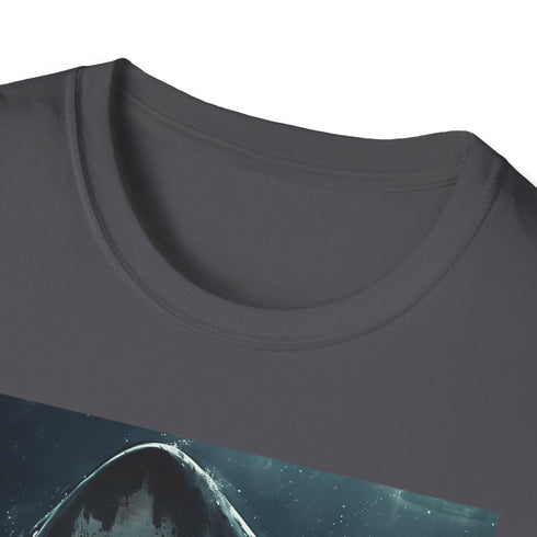 Charcoal crew neck t-shirt with bold great white shark painting