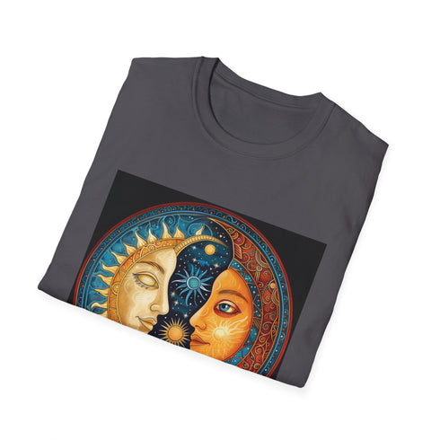 Charcoal cotton t-shirt with mandala sun and moon design