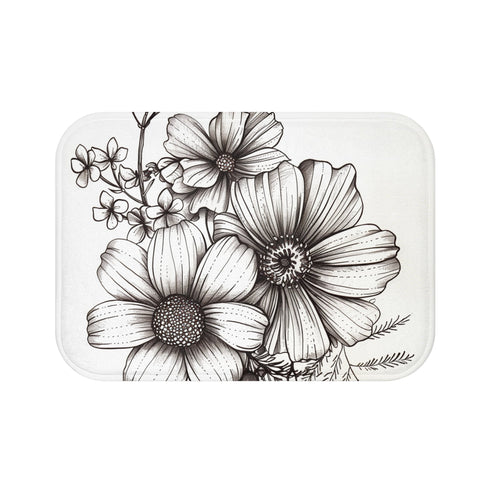 Blooming Sketch Bath Mat with Hand-Drawn Flowers Nature Design Serene Elegance