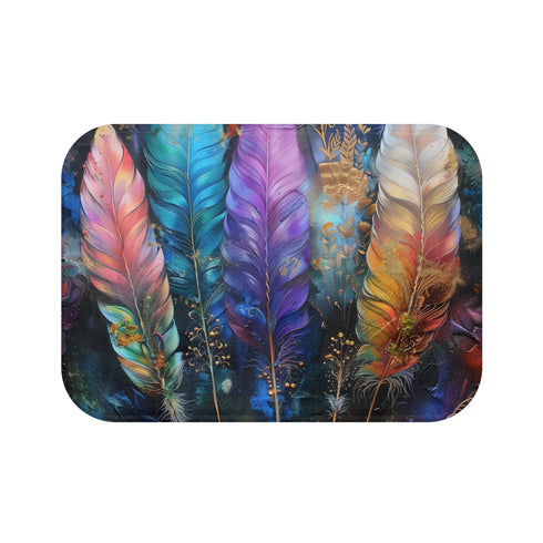 Bohemian feather bath mat in earthy tones and natural textures.