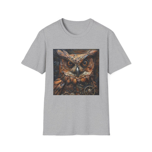 Steampunk owl graphic charcoal t-shirt, regular fit, soft cotton.