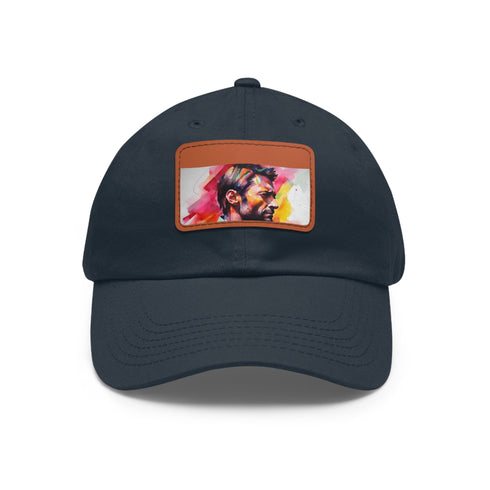 Bold, neon watercolor Hugh Jackman cap in white with brown patch.