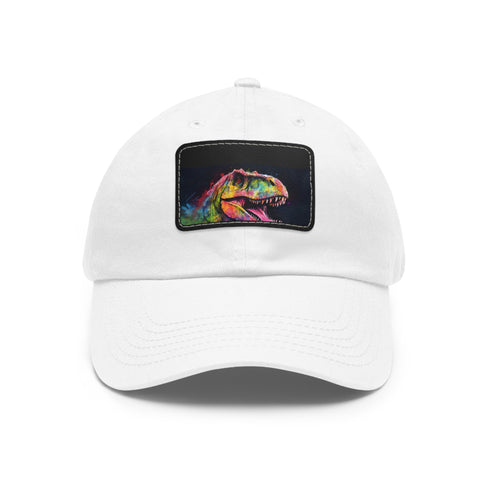 Neon watercolor Trex baseball cap with light brown rectangle patch.