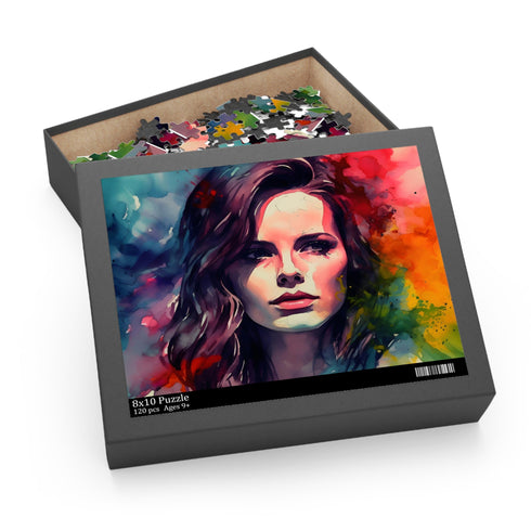 Kate Beckinsale neon watercolor puzzle with vibrant, mesmerizing colors.