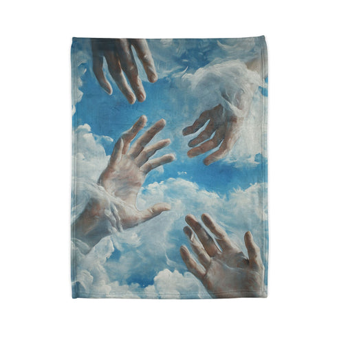 Painted Clouds Forming Human Hands — Plush Fleece Throw Blanket — Folded Plush Blanket Detail