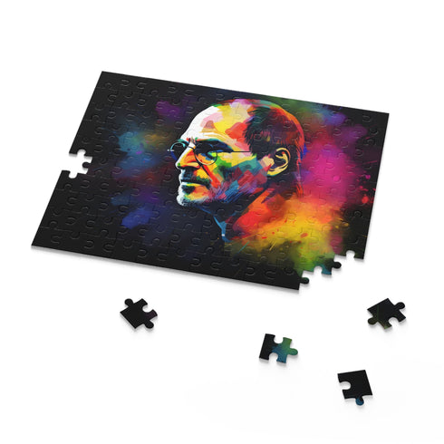 Neon Steve Jobs watercolor puzzle with vibrant colors, 120 pieces.