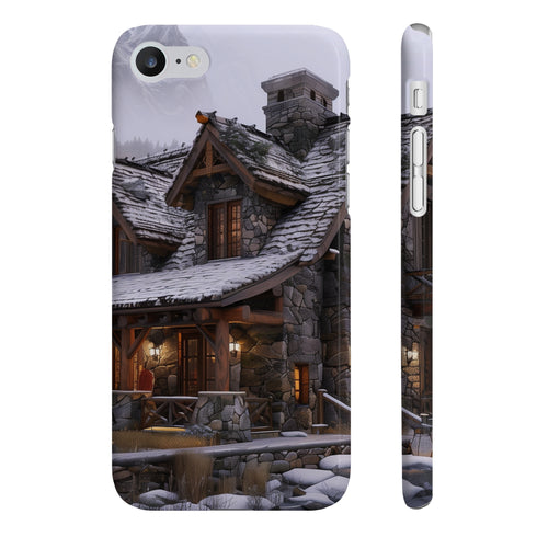 Rustic cabin nestled in serene mountain landscape on glossy phone case
