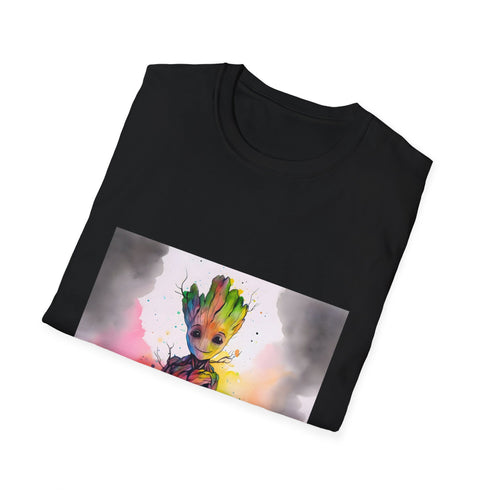Vibrant charcoal crew neck T-shirt featuring watercolor neon Baby Groot design