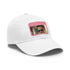 Iron Shades Snapback Cap in White with Light Brown Patch.