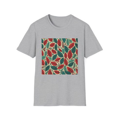Charcoal cotton T-shirt with vibrant autumn leaf patterns and grunge texture