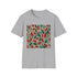 Charcoal cotton T-shirt with vibrant autumn leaf patterns and grunge texture