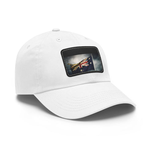 Australian flag design baseball cap in white with light brown patch.