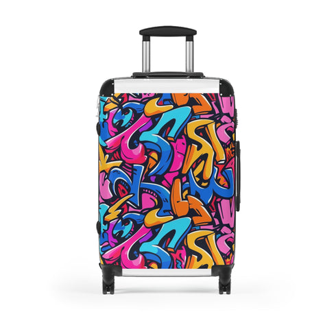 Vibrant neon graffiti suitcase set with black small size option.