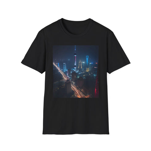 Shanghai Nights: A Symphony of Lights | T-Shirt | Bright lights, City skyline, Cityscape, Colorful, Neon lights, Night view, Shanghai night, Skyscrapers, Urban landscape, Vibrant | Prints with Passion