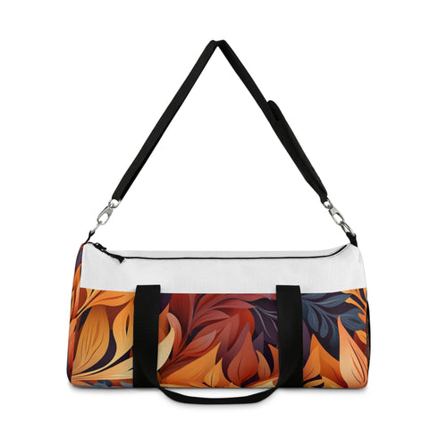 Autumn blooms duffel bag with nature-inspired foliage and wild flowers pattern.