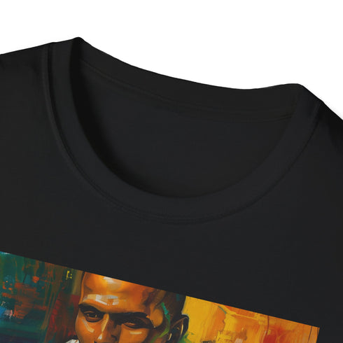 Charcoal cotton T-shirt featuring a vibrant Harry Belafonte portrait design