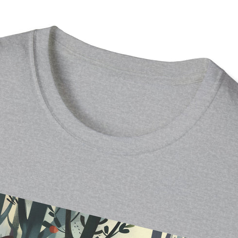 Charcoal DTG t-shirt with playful woodland creatures pattern on breathable cotton fabric