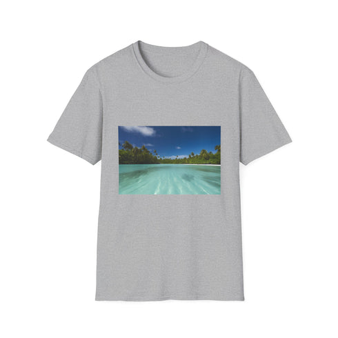 Charcoal crew neck cotton T-shirt featuring scenic Aitutaki beach graphic