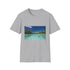 Charcoal crew neck cotton T-shirt featuring scenic Aitutaki beach graphic