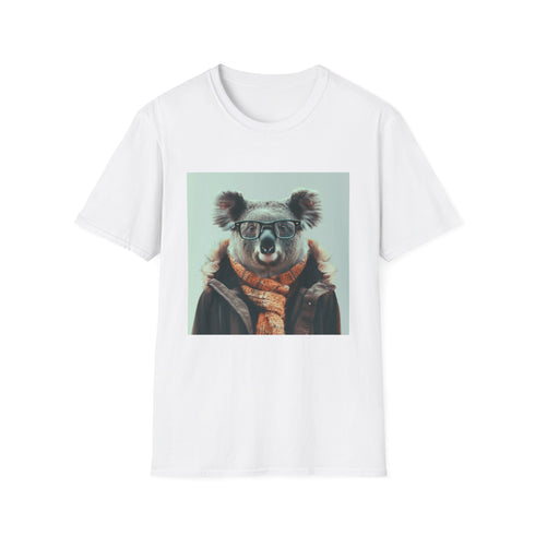 Charcoal cotton T-shirt with stacked books and tea-loving koala graphic