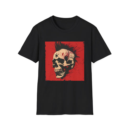 Charcoal T-shirt with punk rock skull and rebellious symbols graphic