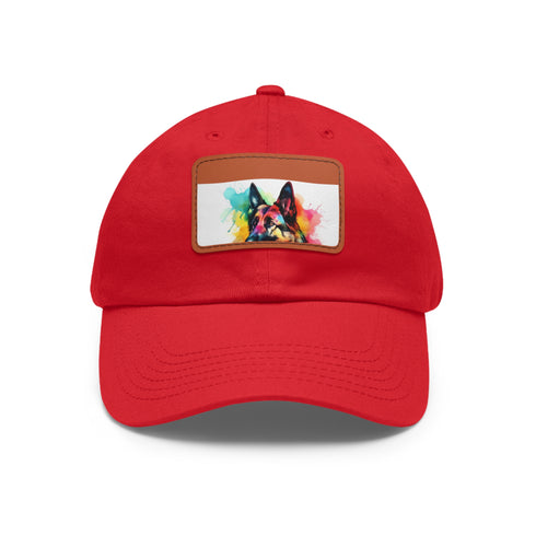 German Shepherd puppy white baseball cap with rectangle light brown patch.