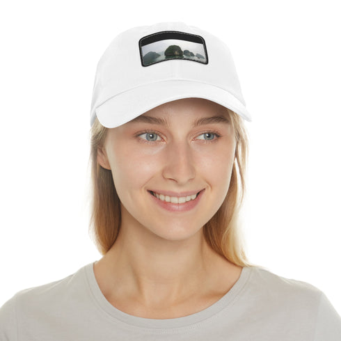Halong Bay White Baseball Cap with Light Brown Patch, Unisex Vegan Eco-Friendly