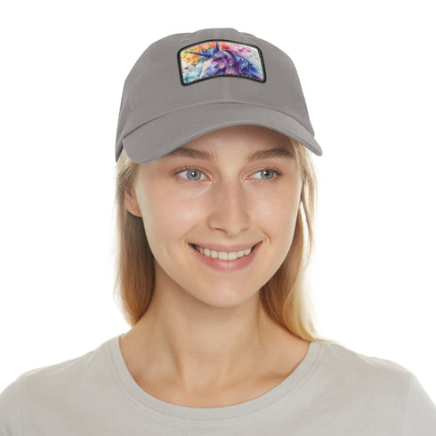 Magical watercolor unicorn baseball cap in white with light brown patch.