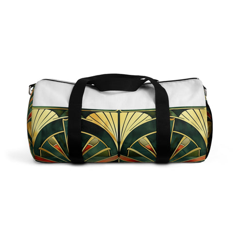 Art Deco geometric print duffel bag for chic urban travelers.