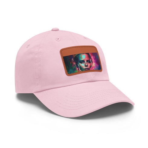 Neon watercolor Charlize Theron baseball cap with light brown patch.