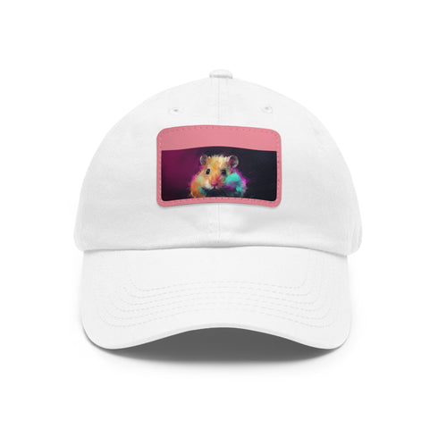 Neon hamster design cap, white with light brown rectangular patch.