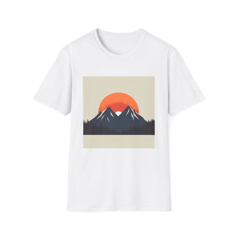 Sunrise over mountain range charcoal t-shirt. Cotton, minimalist design, regular fit.