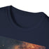 Charcoal cotton t-shirt with vibrant galaxy painting for summer adventures