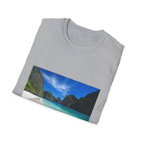 Charcoal crew neck T-shirt featuring an azure tropical paradise design
