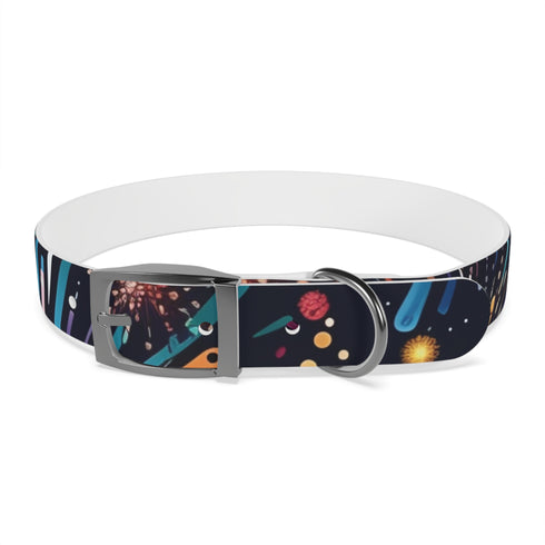 Vibrant black onyx dog collar with dazzling fireworks design.
