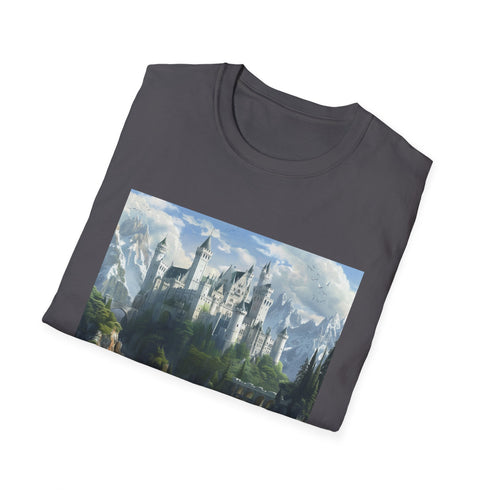 Mystical fantasy castle charcoal t-shirt unisex men's women's regular fit.