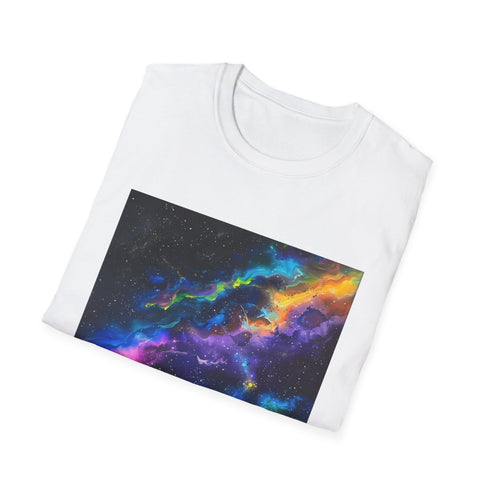 Charcoal cotton T-shirt featuring neon galaxy design with vibrant nebulas