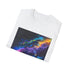 Charcoal cotton T-shirt featuring neon galaxy design with vibrant nebulas