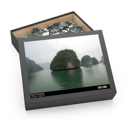 Halong Bay puzzle with emerald waters & limestone formations.