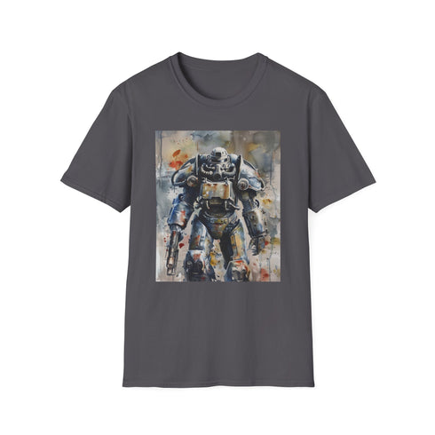 Charcoal cotton t-shirt with watercolor-style Fallout Power Armor design