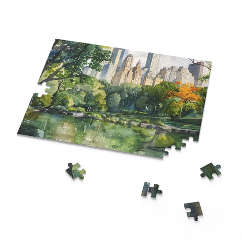 Central Park watercolor puzzle featuring tranquil scenery and vibrant colors.