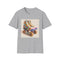 Retro roller skate inspired charcoal t-shirt with colorful stripes.