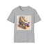 Retro roller skate inspired charcoal t-shirt with colorful stripes.