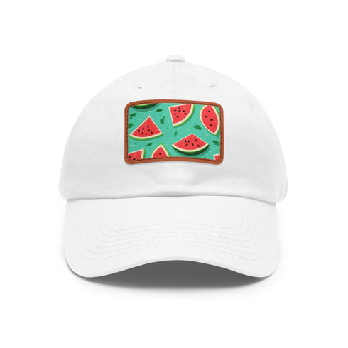 Watermelon print Hawaiian cap in white with light brown patch, rectangle shape.