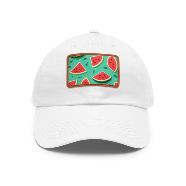 Watermelon Hawaiian print white hat with light brown patch.